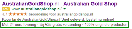 Adwords callout extensie Australiangoldshop
