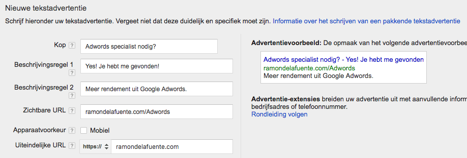 Google AdWords Reguliere Ads Advertentie