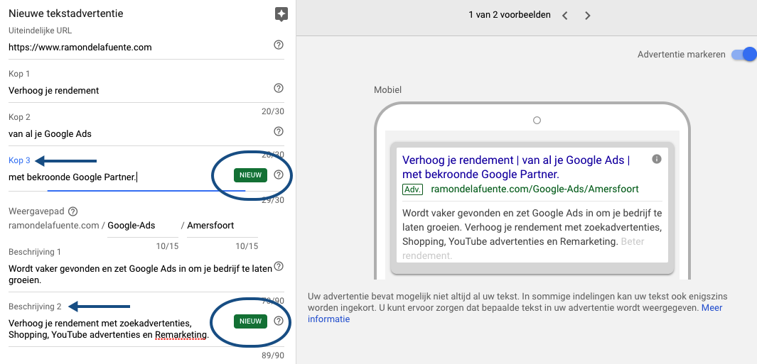 De nieuwe derde koptekst en tweede omschrijving van een Google Ads tekstadvertentie voor RamondelaFuente.com. 